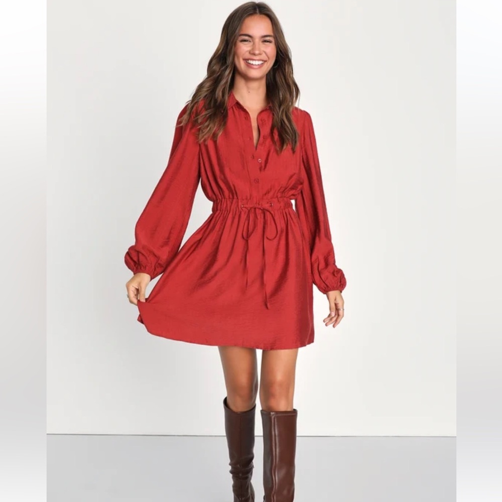 Lulus Red Long-Sleeve Drawstring Waist Shirt Dress Size M